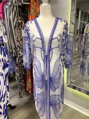 Ashley Taylor White Sheer Dress with Blue Embroidery